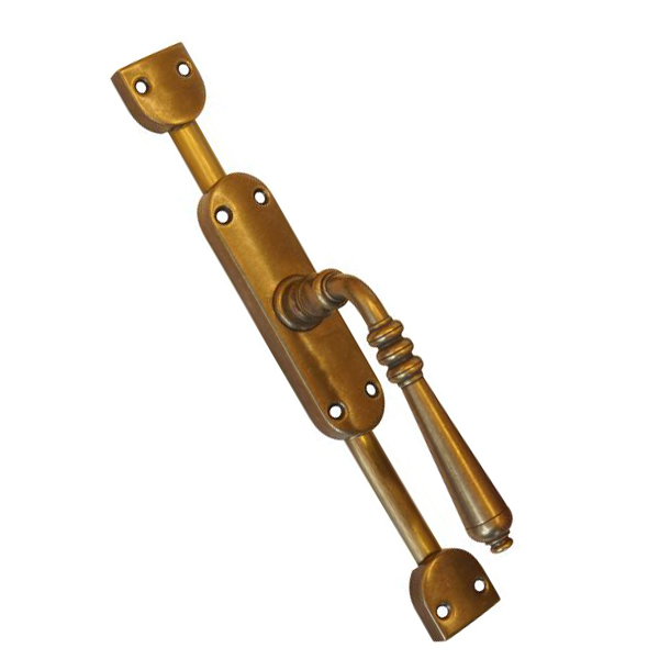 Fenstergetriebe altes, Basquilverschluß, Basküleverschluss, Besküleverriegelung, Bascule, antik Fenster Getriebe aufliegend, Messing patiniert, für linkes Fenster, bis 2,4 Meter